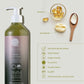 Geneva Green 370ml body lotion bottle with pump, featuring shea butter and vitamin E, vegan and alcohol-free, dermatologically tested with eco certifications
