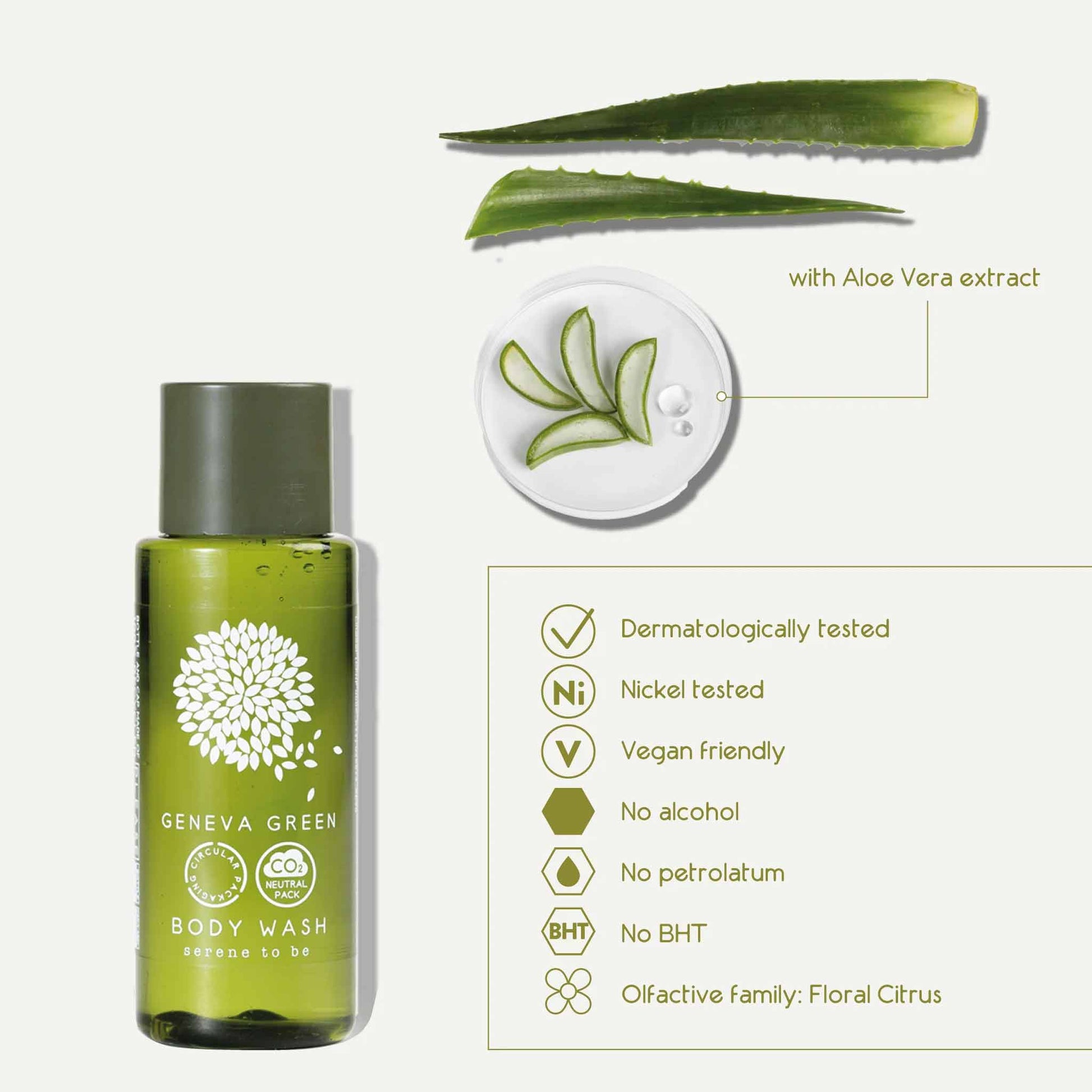 Green bottle of Geneva Green body wash with aloe vera extract on a white background