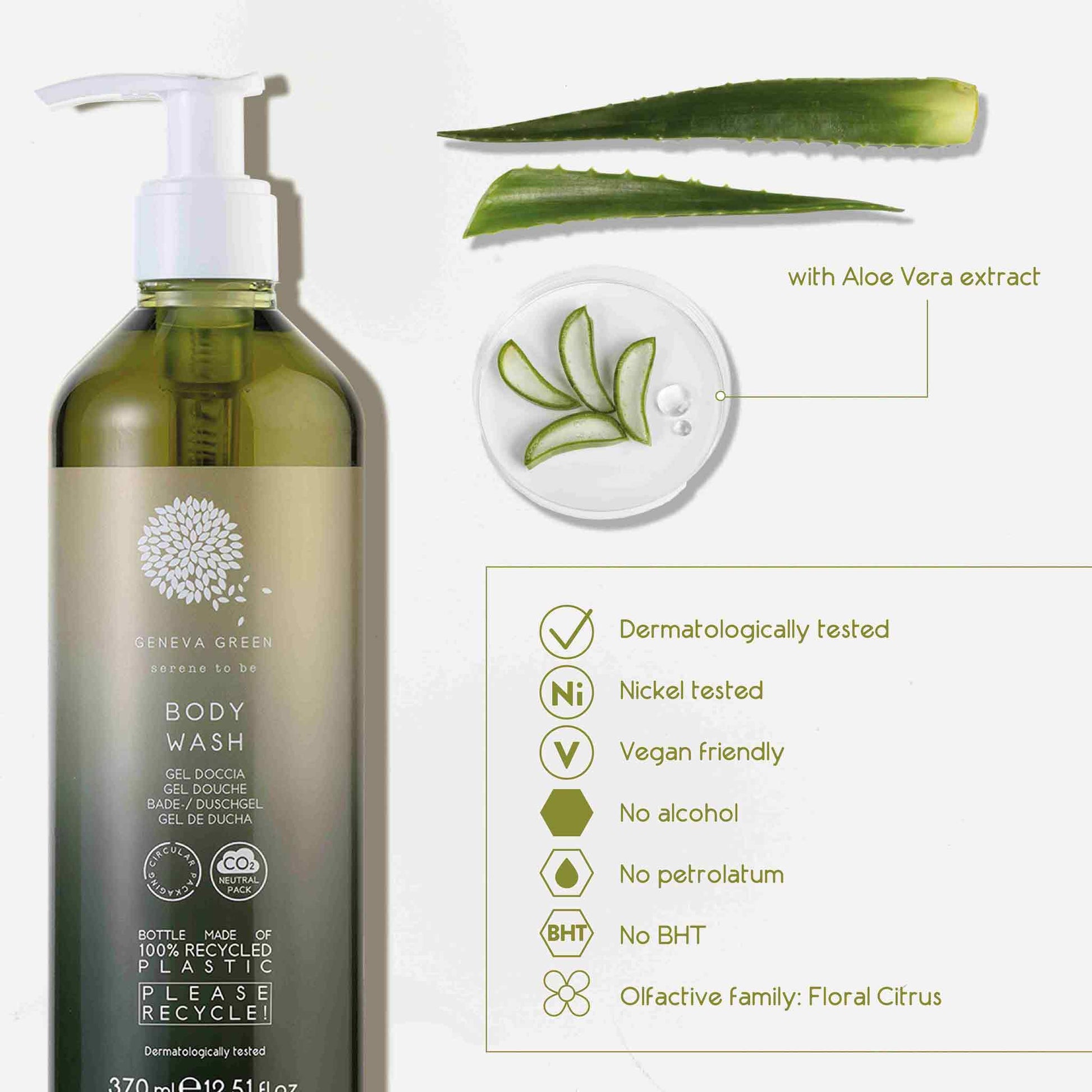 Geneva Green 370ml body wash with aloe vera extract, dermatologically tested, vegan friendly, alcohol-free and floral citrus scented, in recycled plastic bottle