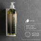 Geneva Green 370ml refillable body wash pump bottle in wall bracket, made from 100% recycled and recyclable PET, with sustainability and recycling icons