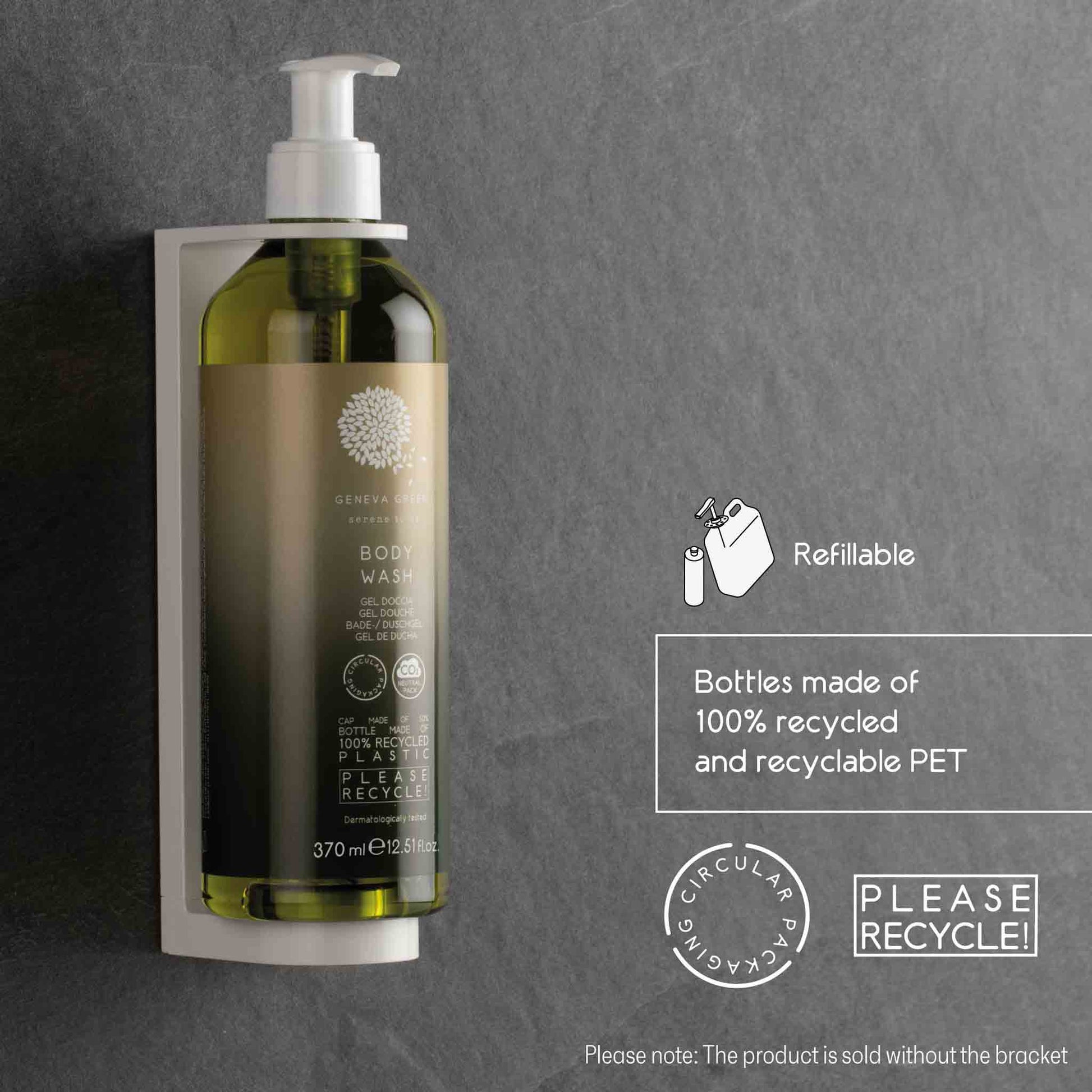 Geneva Green 370ml refillable body wash pump bottle in wall bracket, made from 100% recycled and recyclable PET, with sustainability and recycling icons