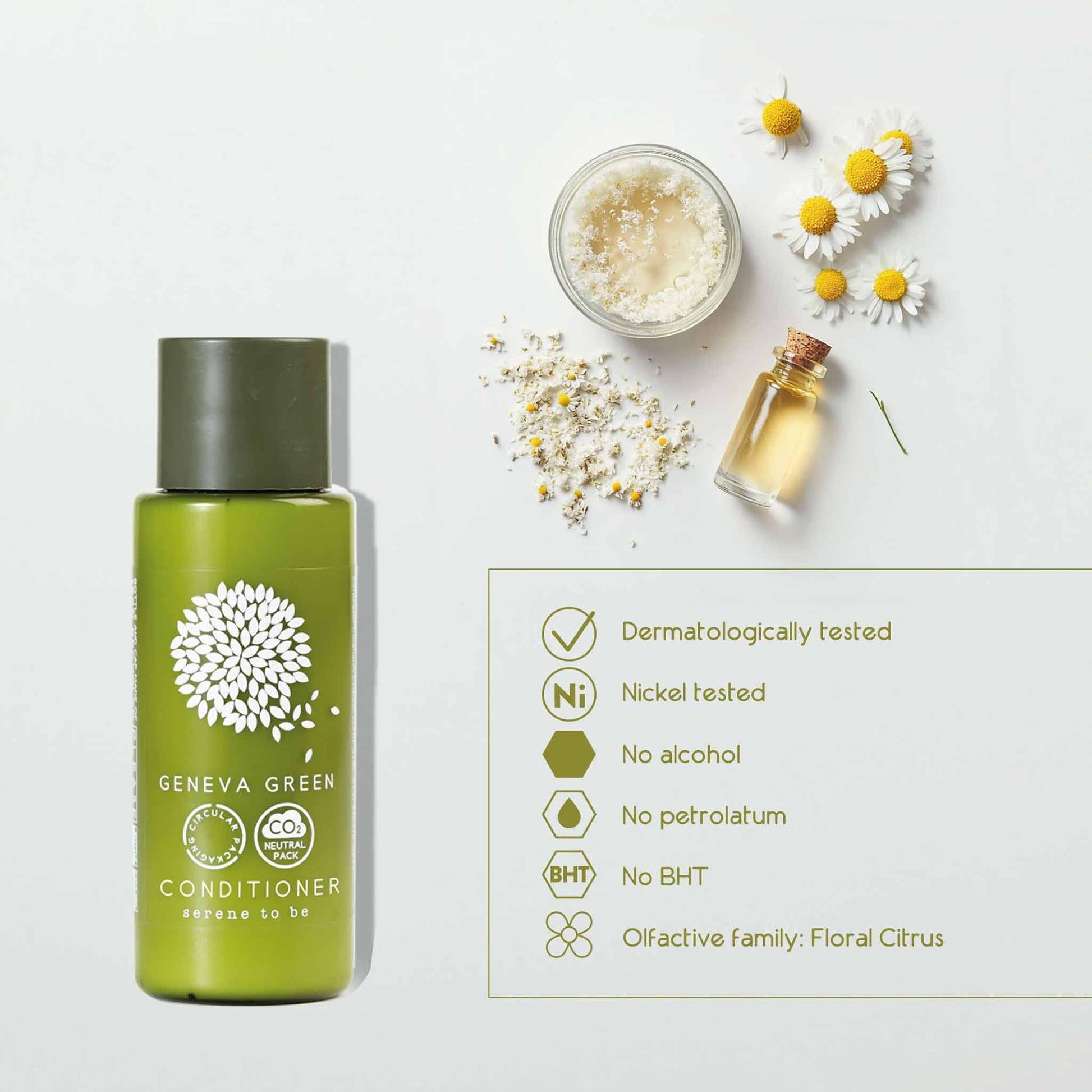 Geneva Green conditioner bottle with packaging details on a light background