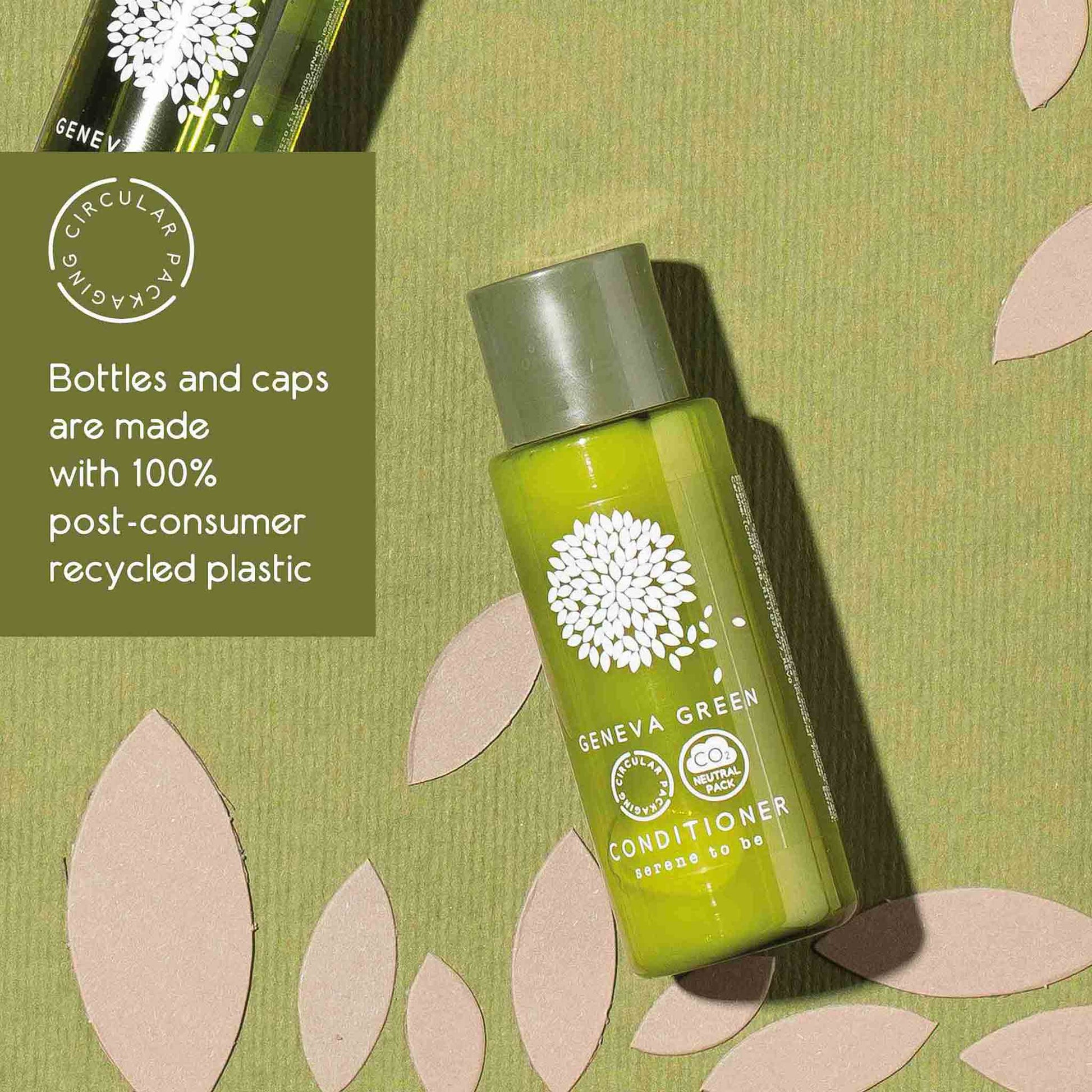 Green bottle of Geneva Green conditioner on a green background with leaf patterns