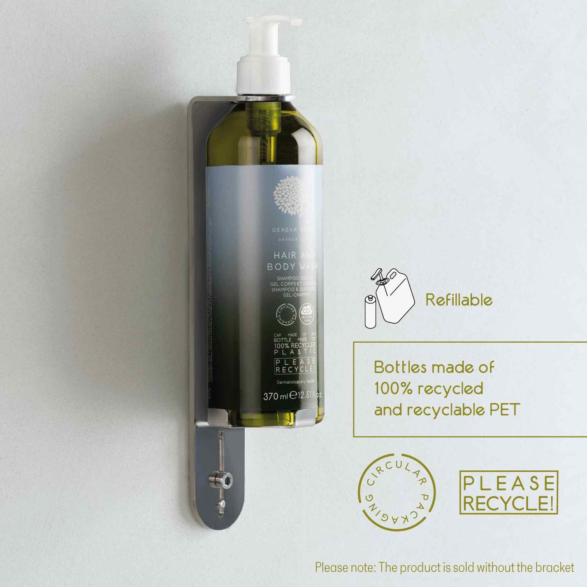 Geneva Green 370ml hair and body wash in refillable wall-mounted pump bottle, made from 100% recycled PET with eco-friendly circular packaging icons