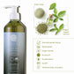 Geneva Green 370ml hair and body wash with green anise and melissa organic extracts, highlighting vegan formula, no alcohol, no BHT, and dermatological testing