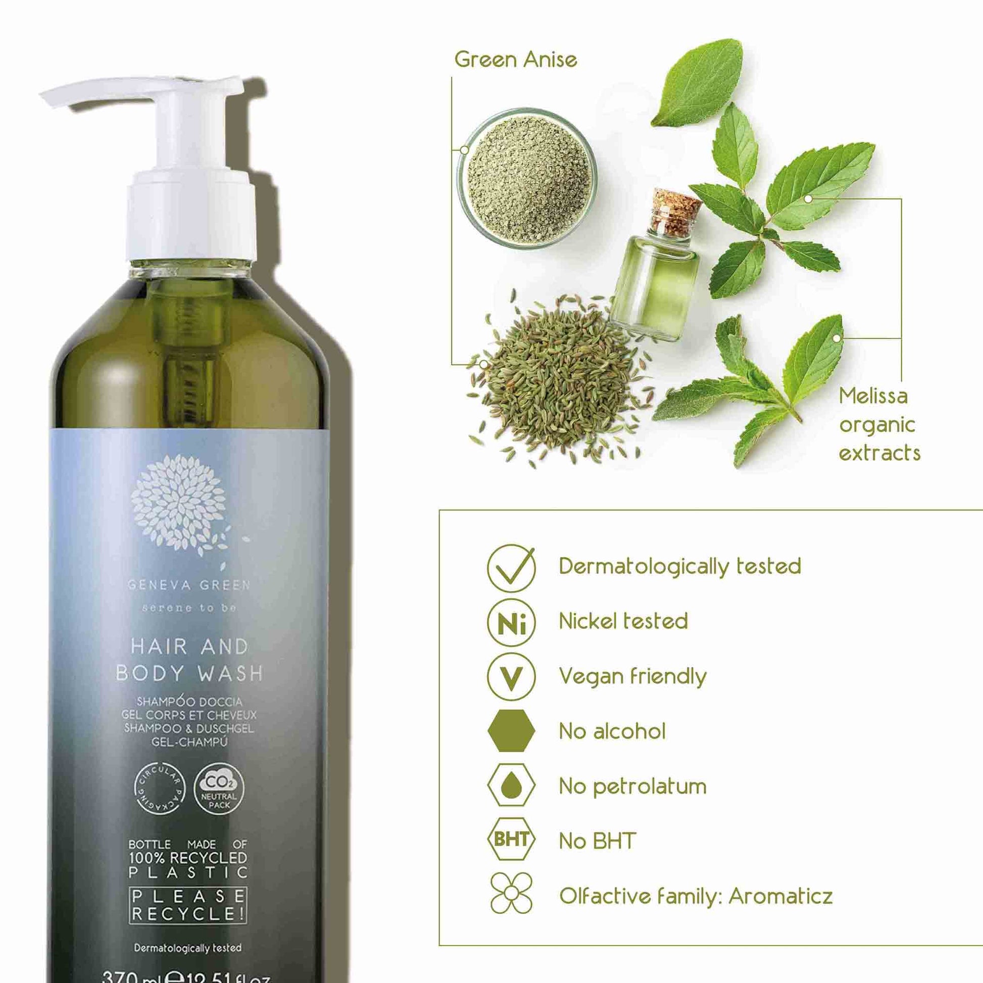 Geneva Green 370ml hair and body wash with green anise and melissa organic extracts, highlighting vegan formula, no alcohol, no BHT, and dermatological testing