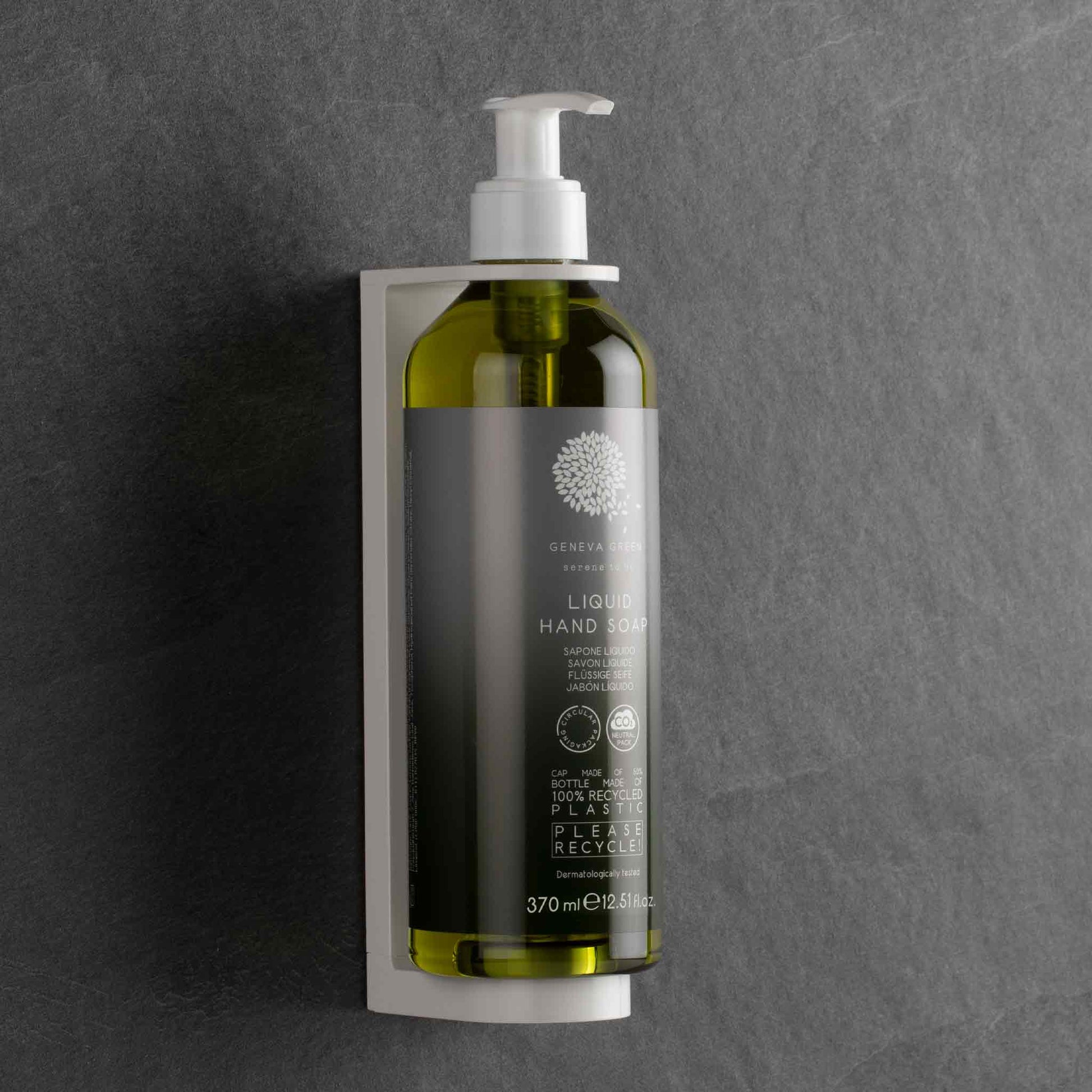 Geneva Green liquid hand soap pump dispenser in wall mounted bracket