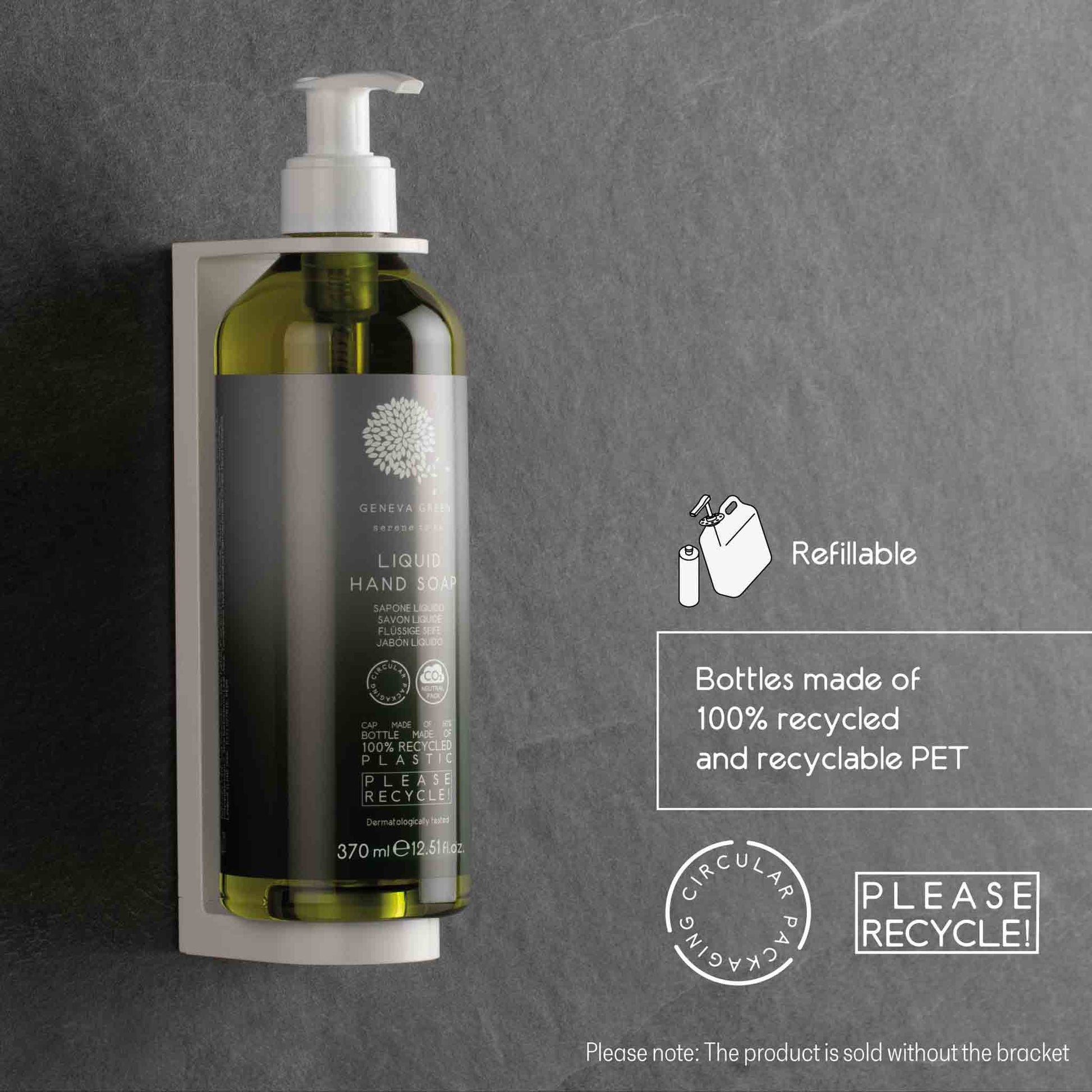 Geneva Green liquid hand soap 370ml refillable dispenser made from 100% recycled PET, mounted in wall bracket with eco-friendly messaging