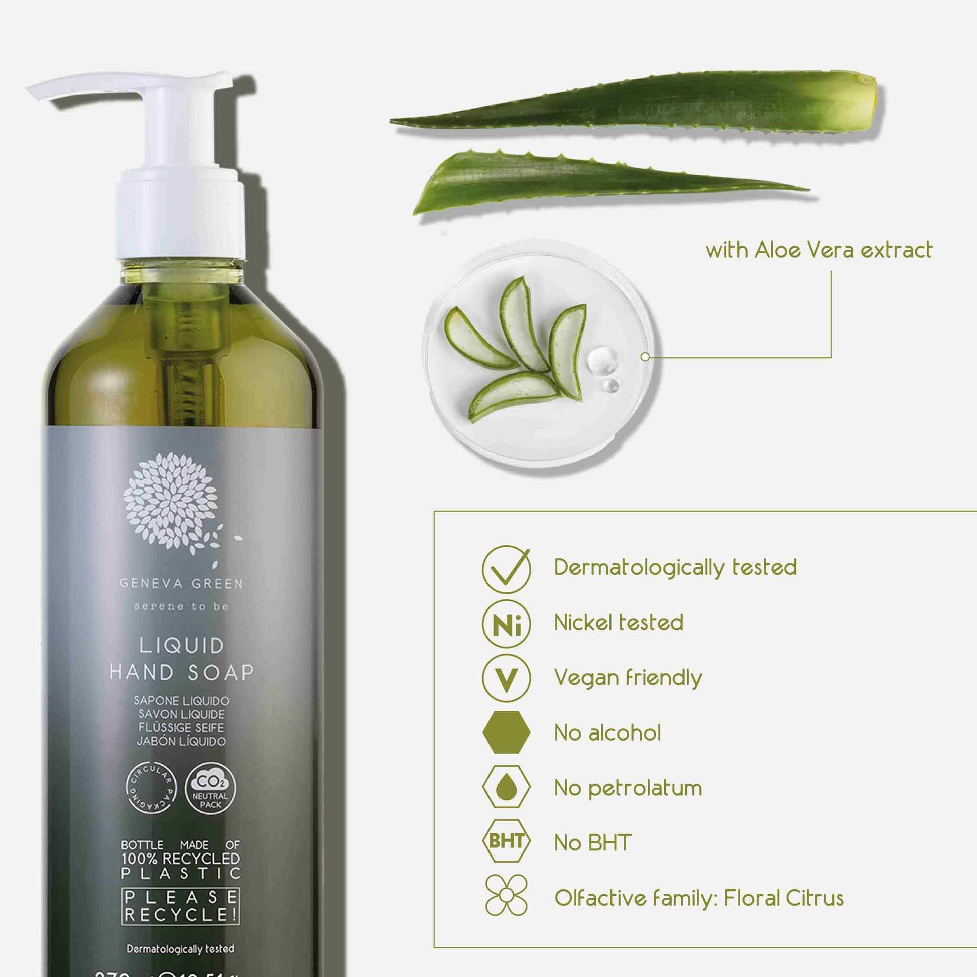 Geneva Green 370ml liquid hand soap with Aloe Vera extract, vegan formula and eco credentials including no alcohol, no petrolatum, and floral citrus scent