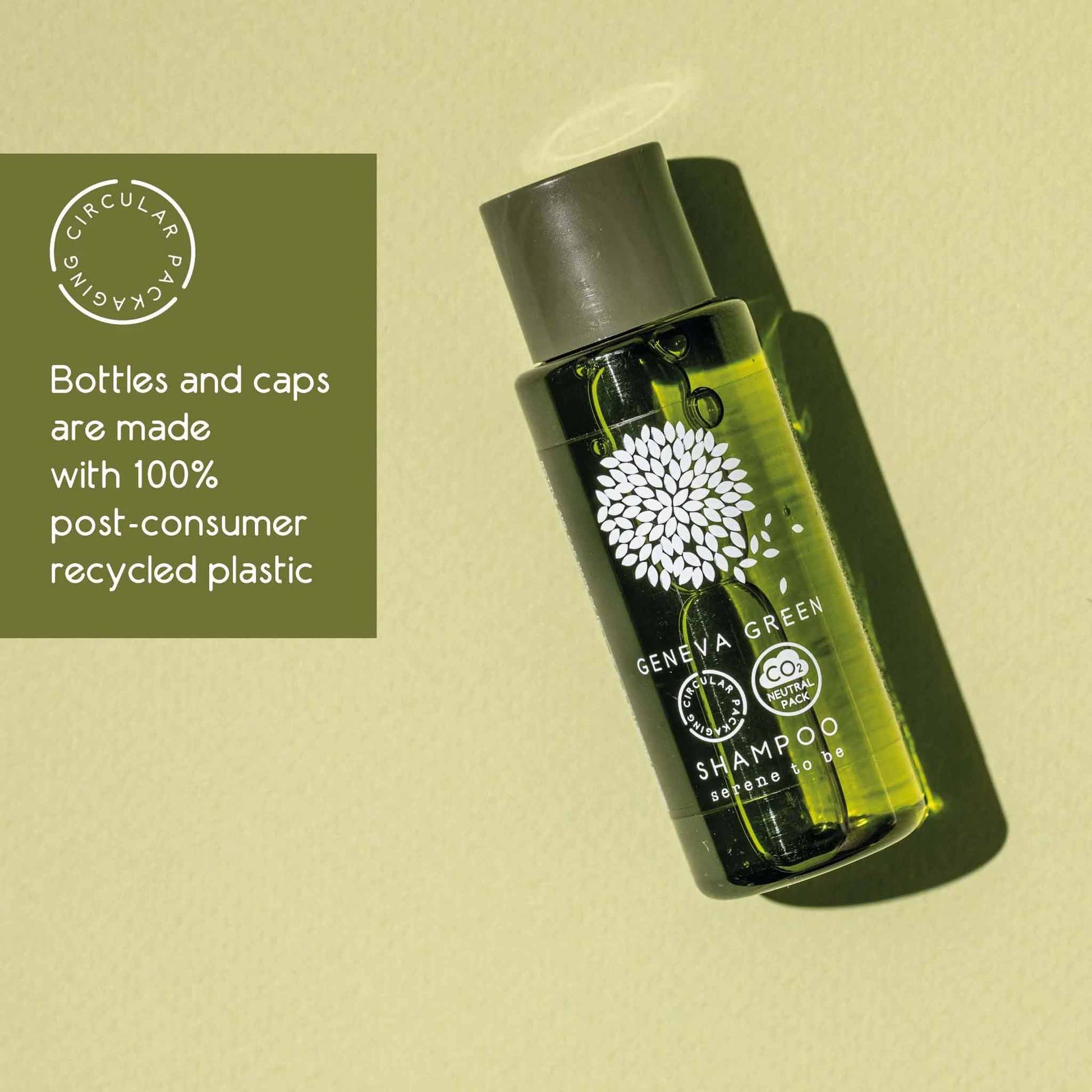 Geneva Green Shampoo bottle on green background, featuring circular packaging logo.