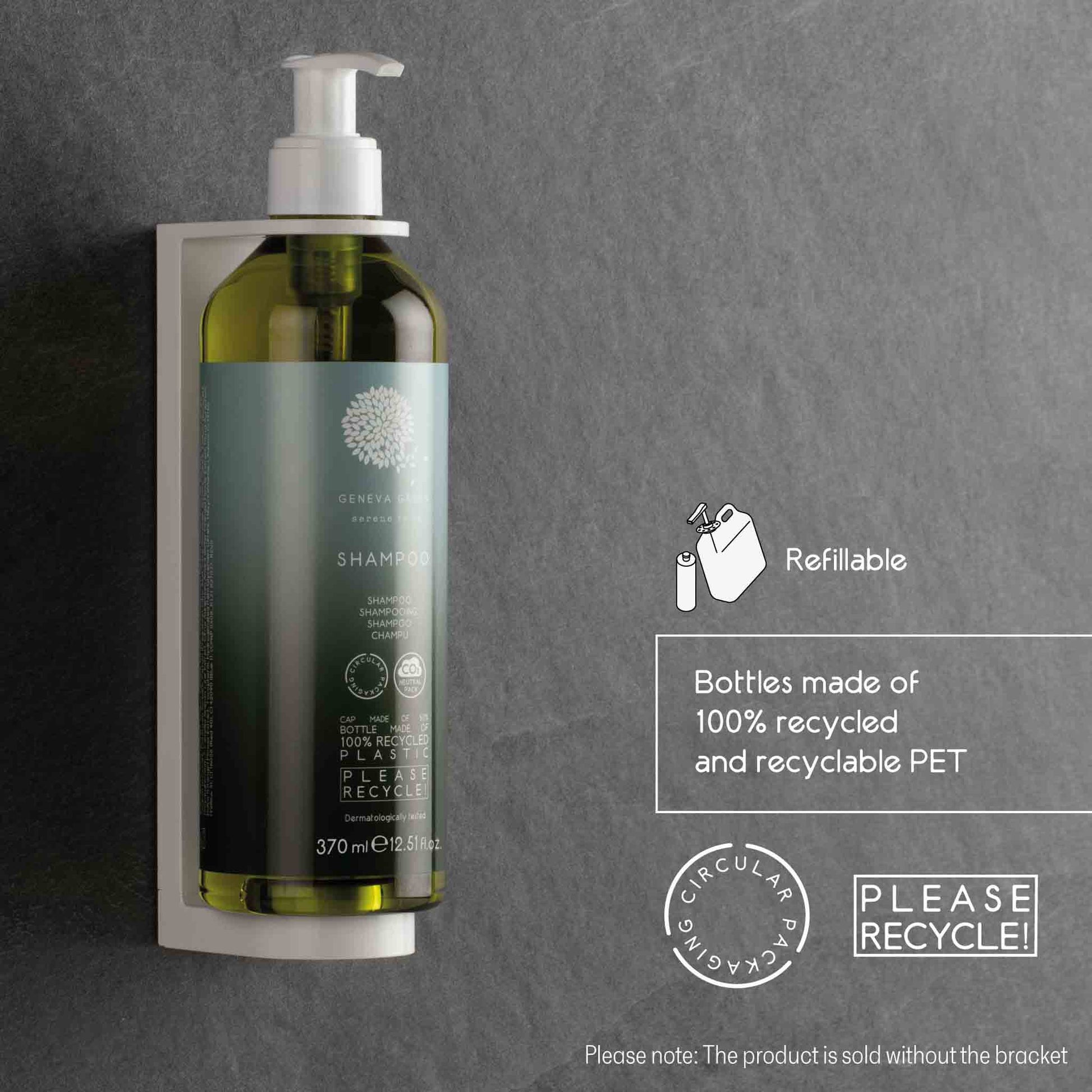 Geneva Green 370ml shampoo in wall-mounted refillable pump bottle made from 100% recycled PET, with eco-friendly circular packaging and recycling icons