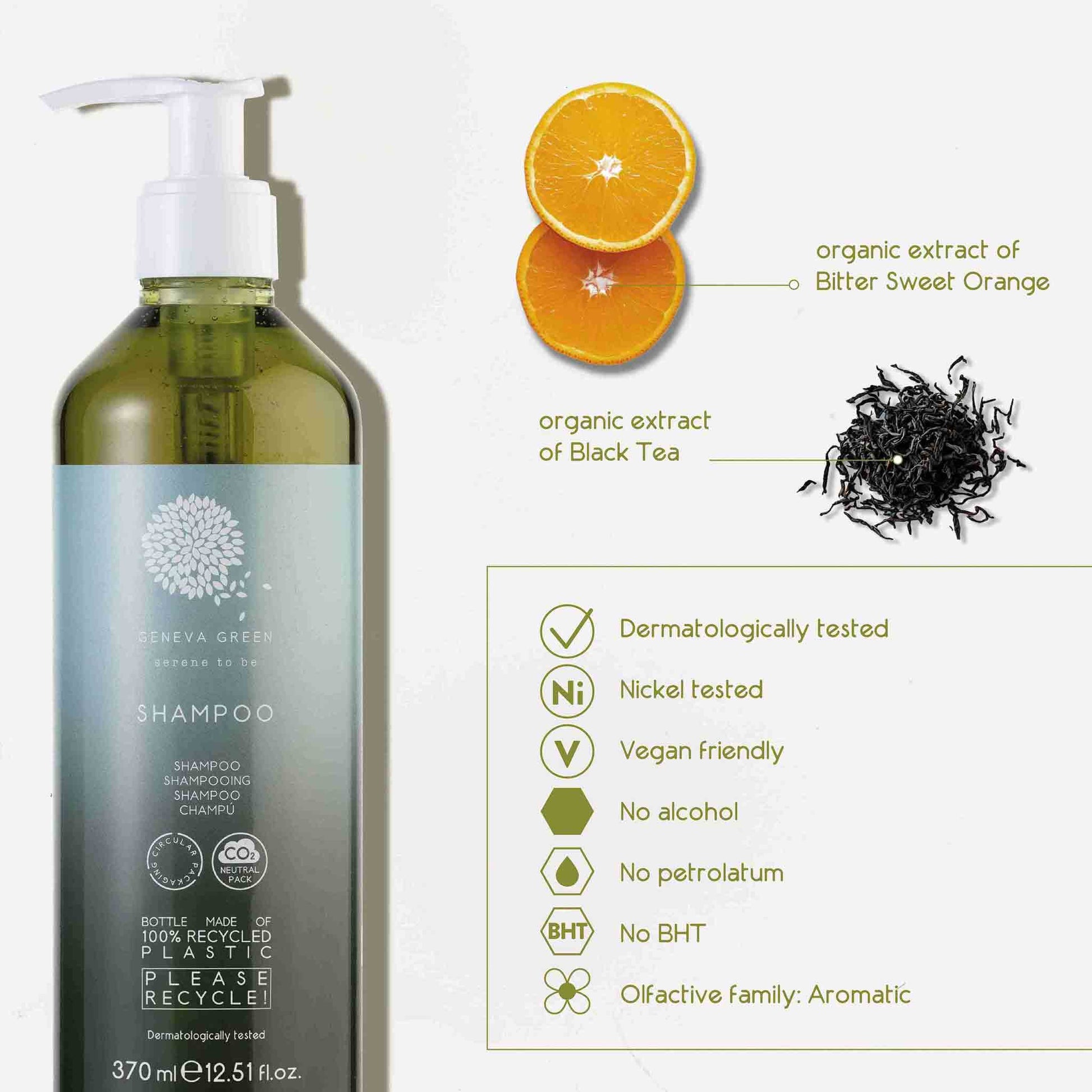 Geneva Green 370ml shampoo with organic extracts of bitter sweet orange and black tea, vegan friendly, alcohol-free, dermatologically tested and made from 100% recycled plastic