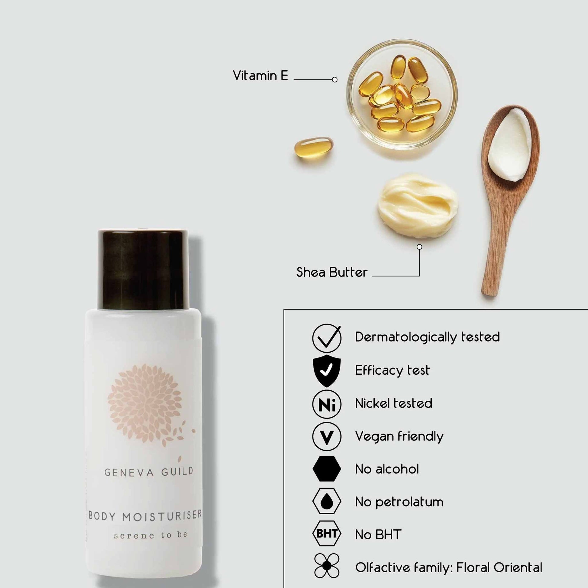 Geneva Green body moisturiser bottle with vitamin E capsules, shea butter, and product features on a light gray background