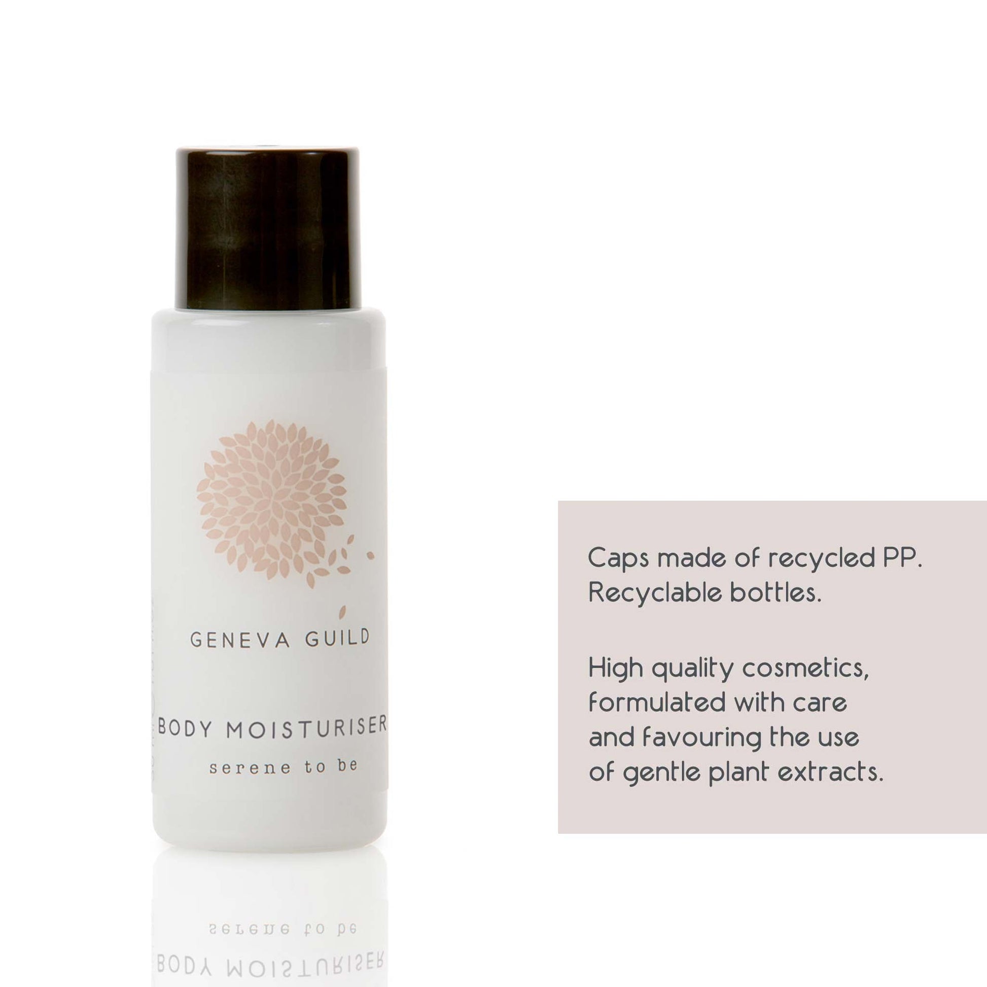 Geneva Green body moisturiser bottle with text about recycling and product details on a white background