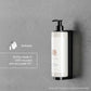 Geneva Guild body moisturiser 380ml refillable pump bottle wall-mounted, shown with infographic highlighting 100% recycled and recyclable PET packaging