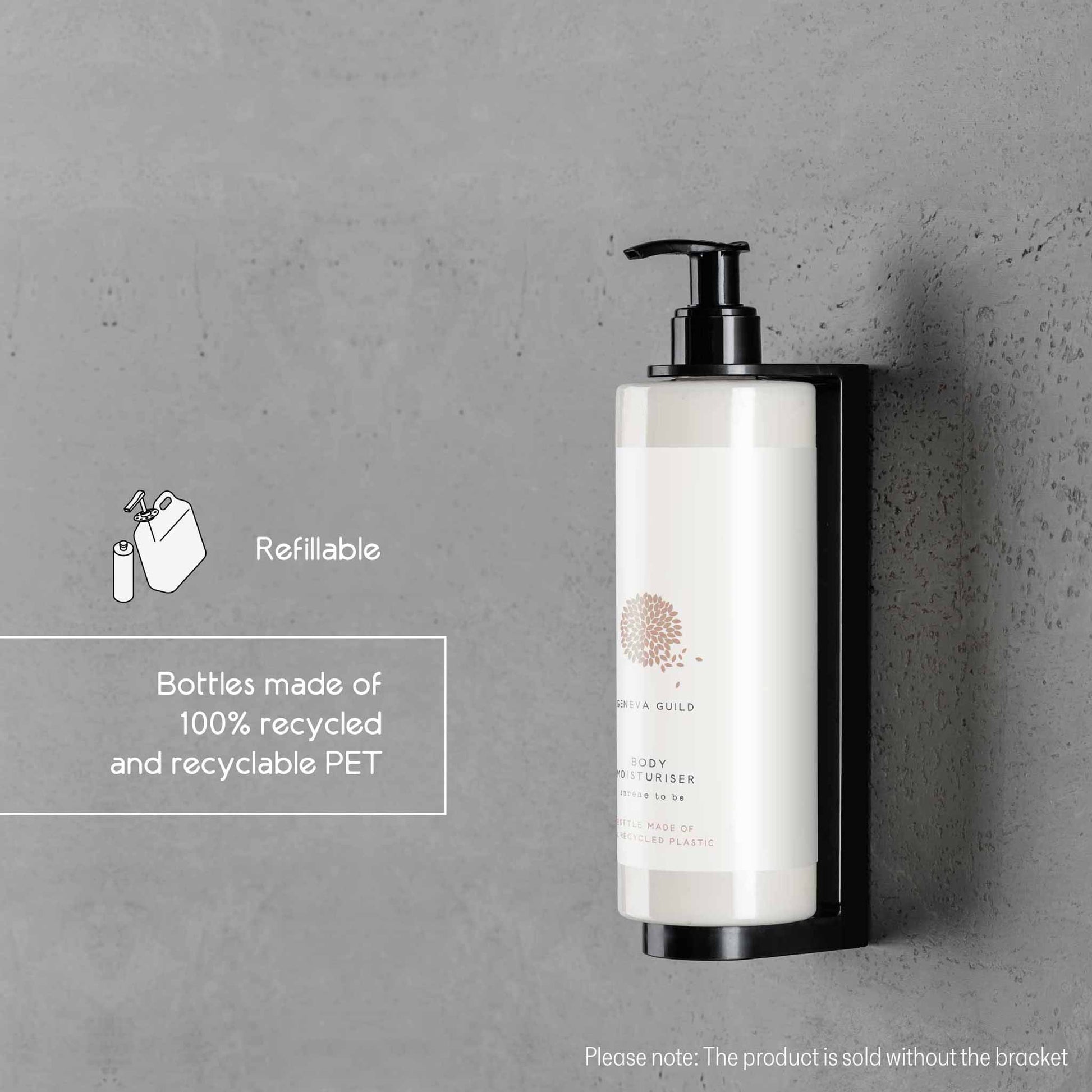 Geneva Guild body moisturiser 380ml refillable pump bottle wall-mounted, shown with infographic highlighting 100% recycled and recyclable PET packaging