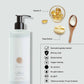 Geneva Guild body moisturiser 380ml pump bottle with infographic highlighting shea butter, vitamin E, vegan formula, dermatological testing and floral oriental fragrance