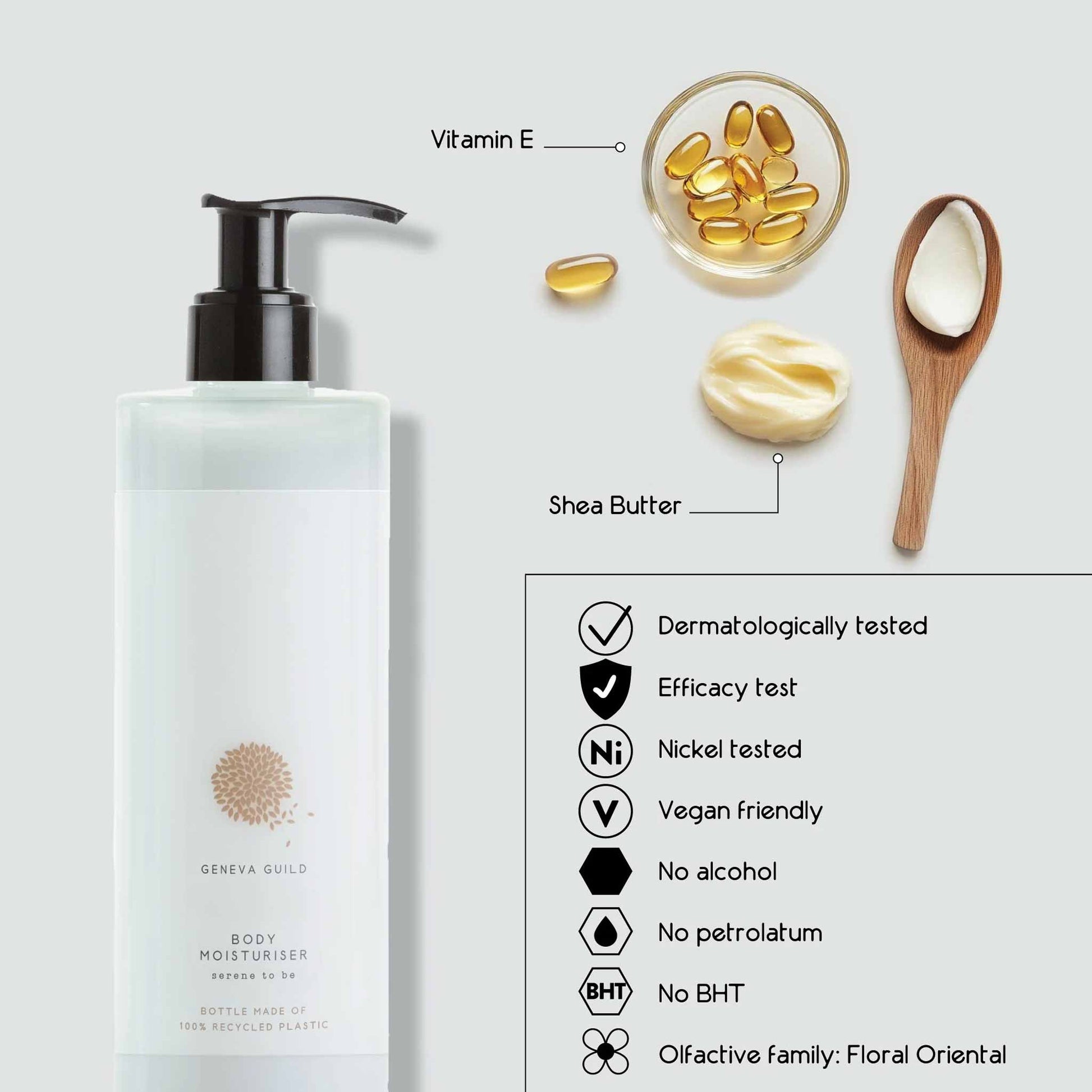 Geneva Guild body moisturiser 380ml pump bottle with infographic highlighting shea butter, vitamin E, vegan formula, dermatological testing and floral oriental fragrance