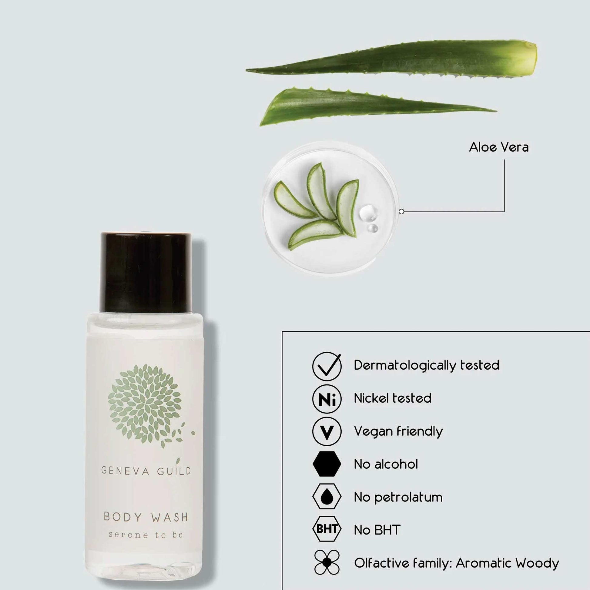 Geneva Green mini body wash bottle with aloe vera leaves and product features on a light blue background