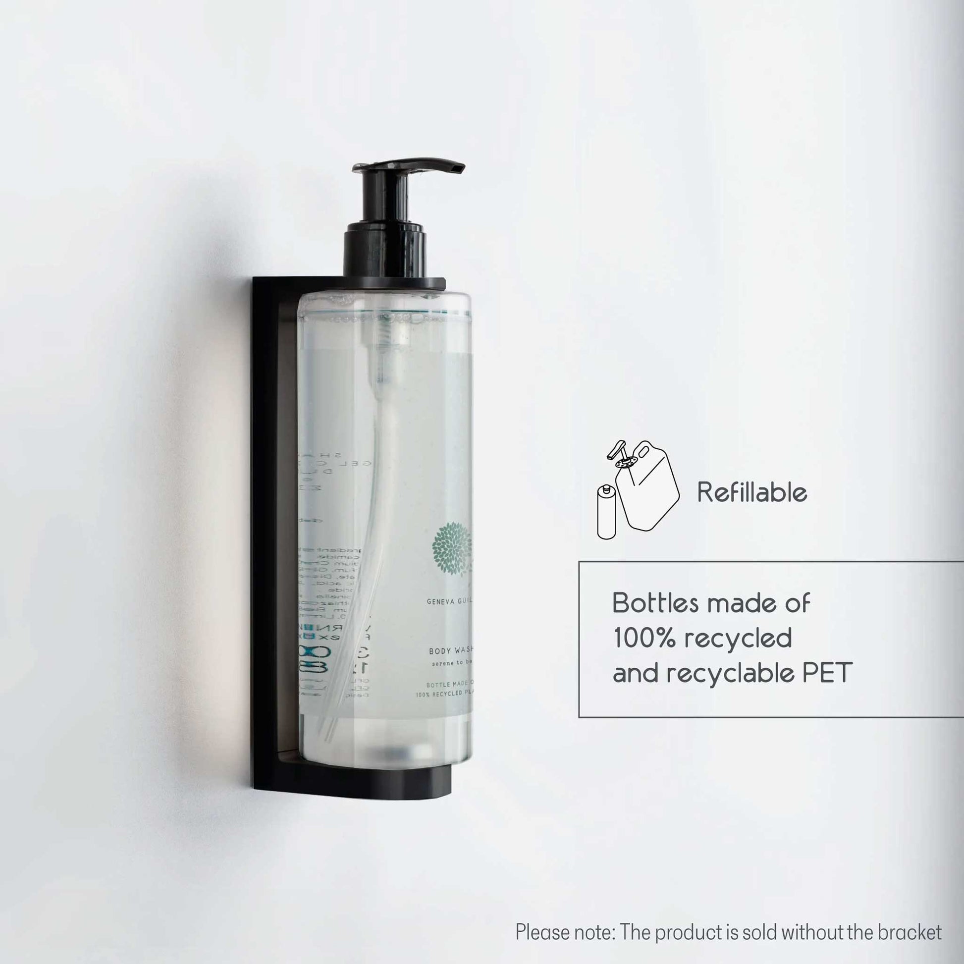 Geneva Guild body wash 380ml refillable pump bottle wall-mounted with infographic highlighting 100% recycled and recyclable PET packaging