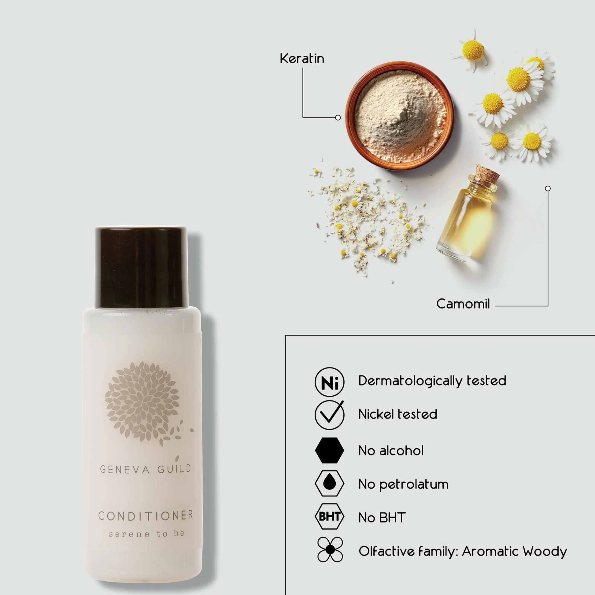 Bottle of Geneva Guild conditioner with ingredients and product details on a light gray background