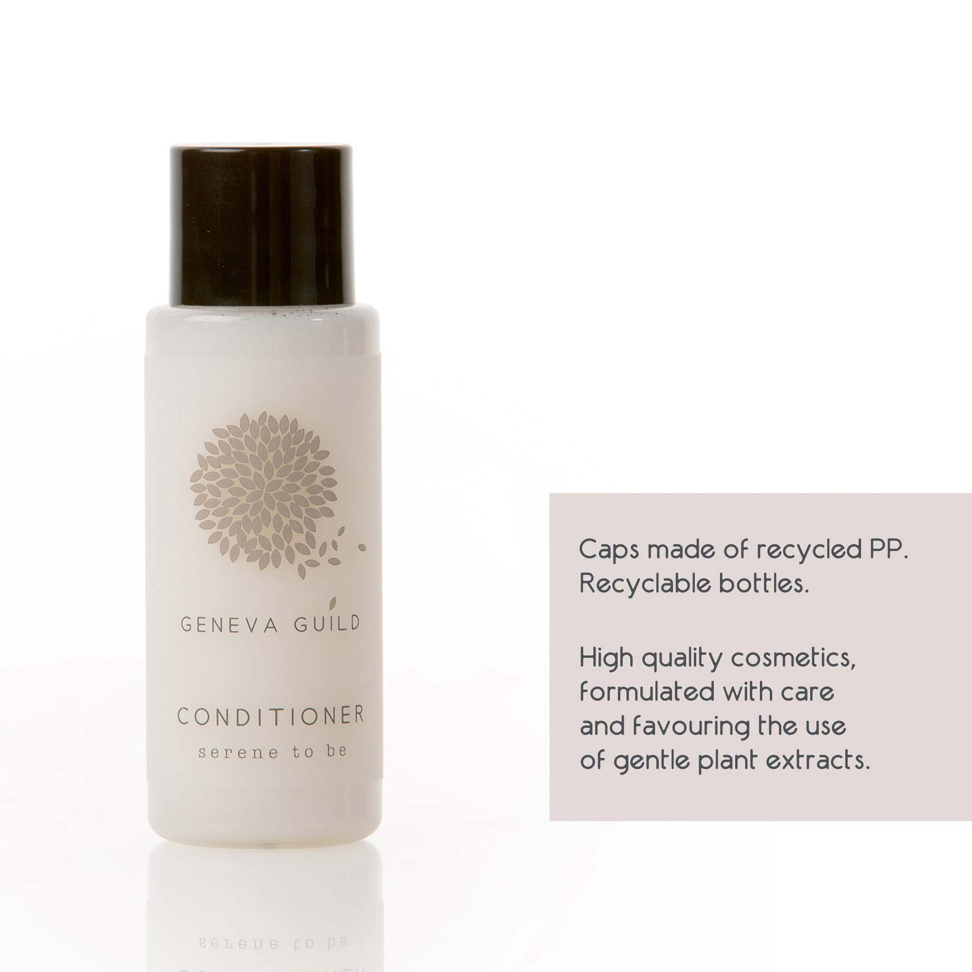 White bottle of Geneva Guild conditioner with sustainability text on a white background