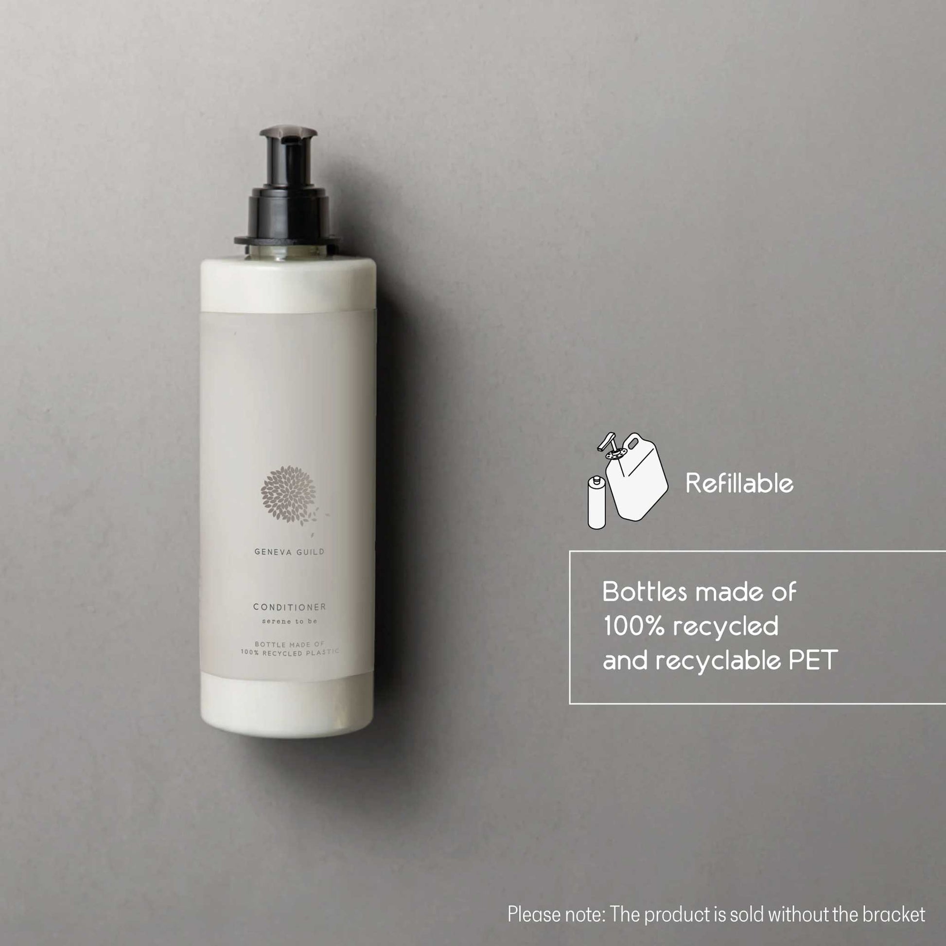 Geneva Guild conditioner 380ml refillable pump bottle wall-mounted, with infographic highlighting 100% recycled and recyclable PET packaging