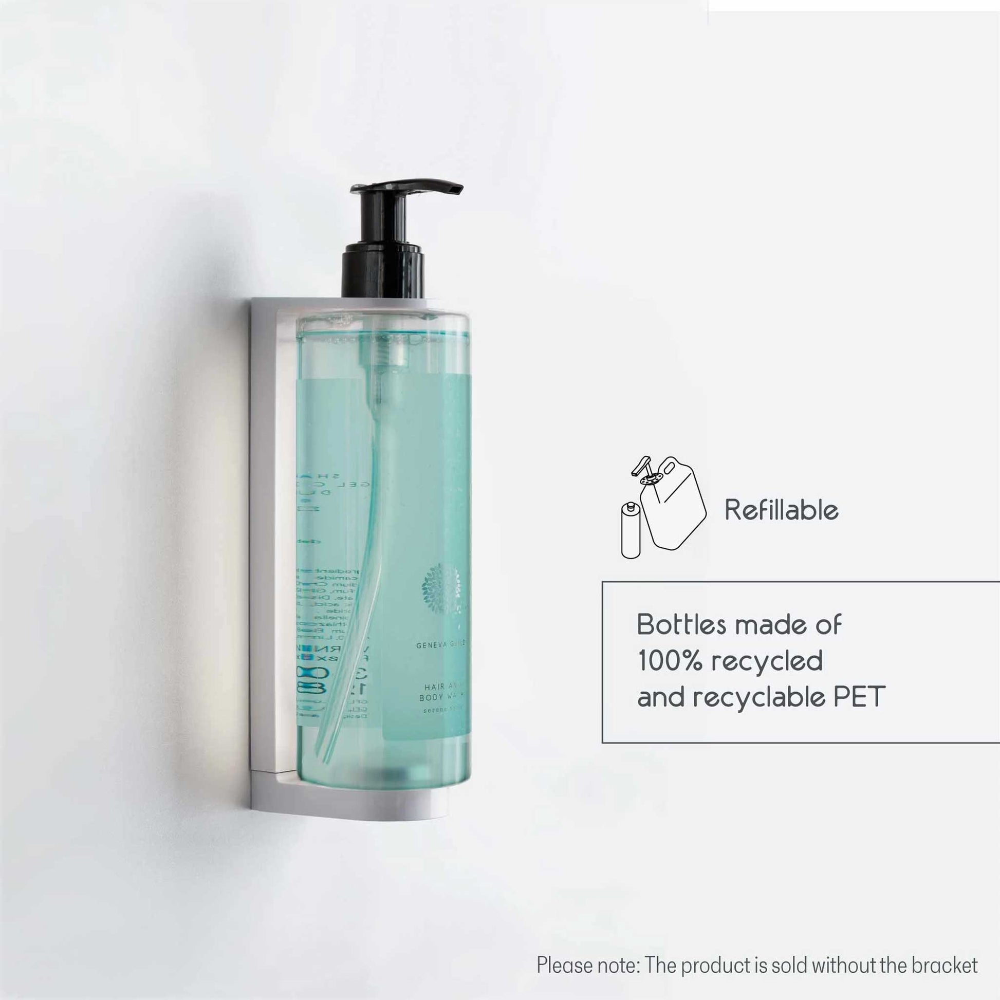 Geneva Guild hair and body wash 380ml refillable pump dispenser wall-mounted, with infographic highlighting 100% recycled and recyclable PET bottle