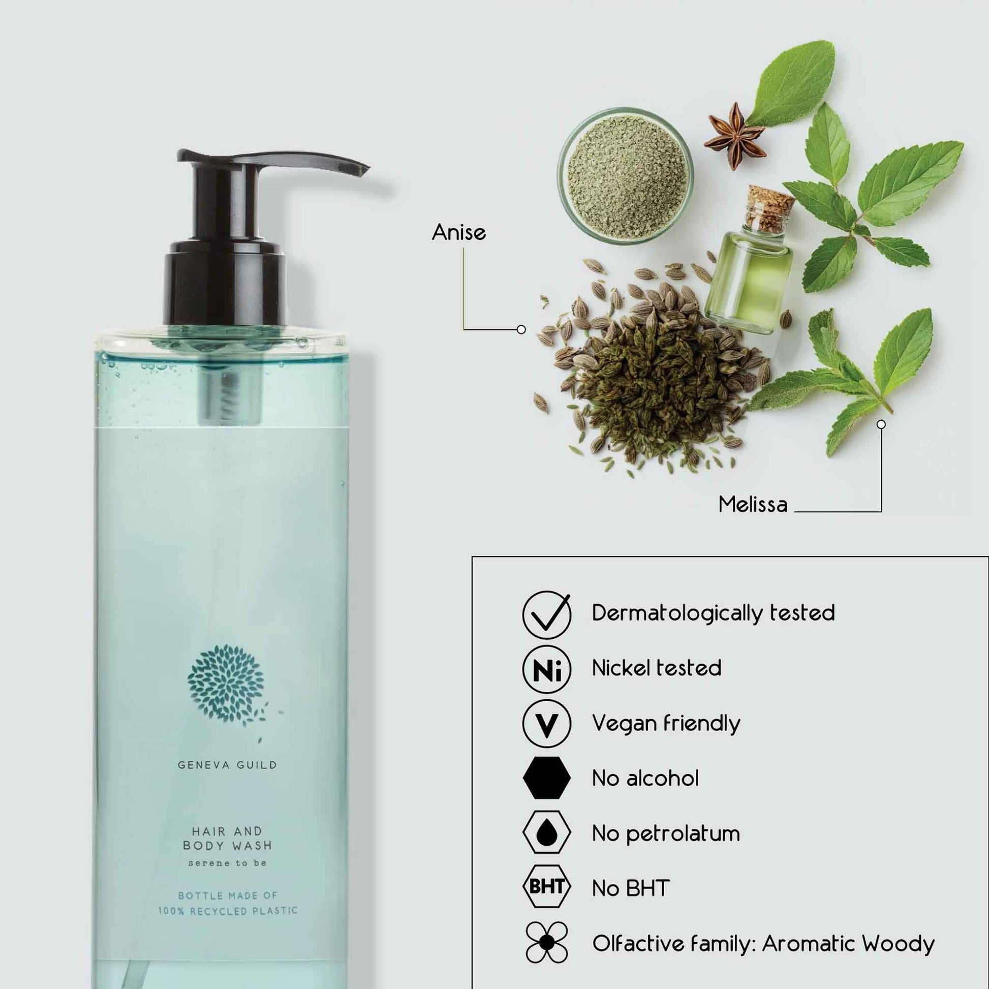 Geneva Guild hair and body wash 380ml pump bottle with infographic highlighting natural ingredients anise and melissa, plus icons for vegan, alcohol-free and dermatologically tested formula