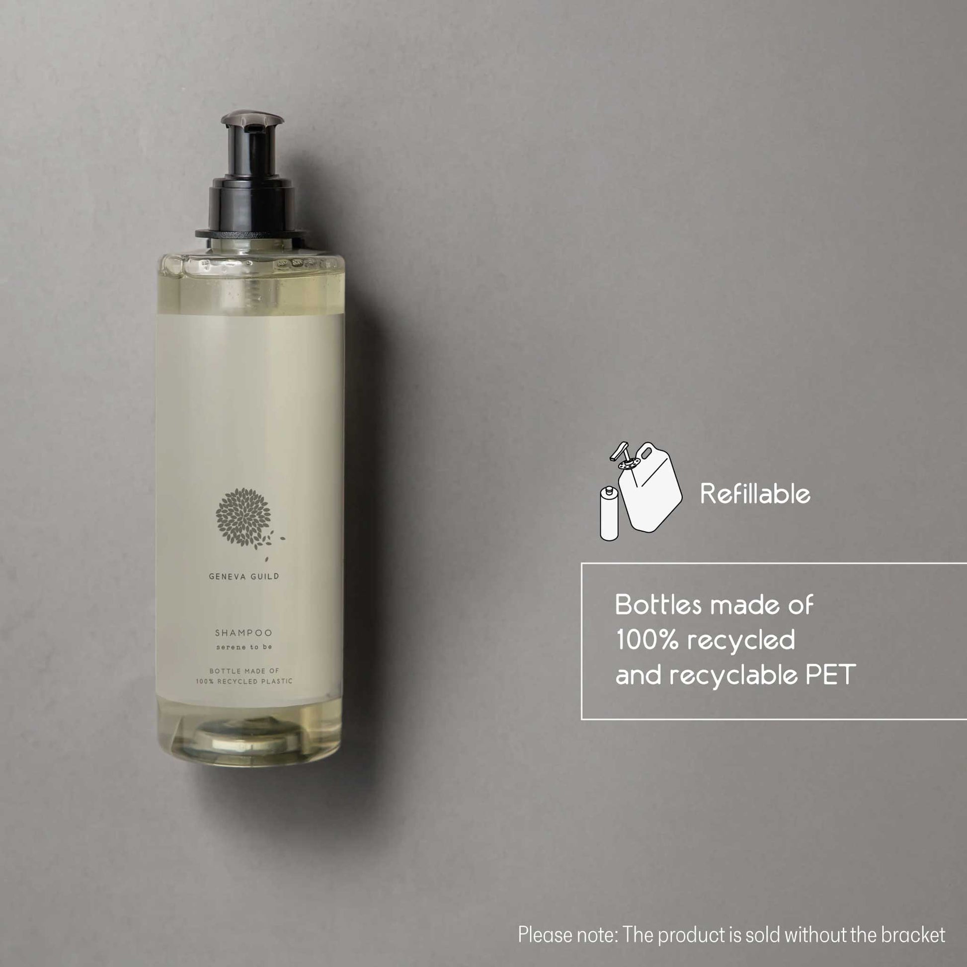 Geneva Guild shampoo 380ml refillable pump bottle wall-mounted, with infographic highlighting 100% recycled and recyclable PET plastic