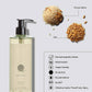 Geneva Guild shampoo 380ml with infographic highlighting natural oat and rice ingredients, dermatological testing, vegan formula, and floral fruity spicy fragrance