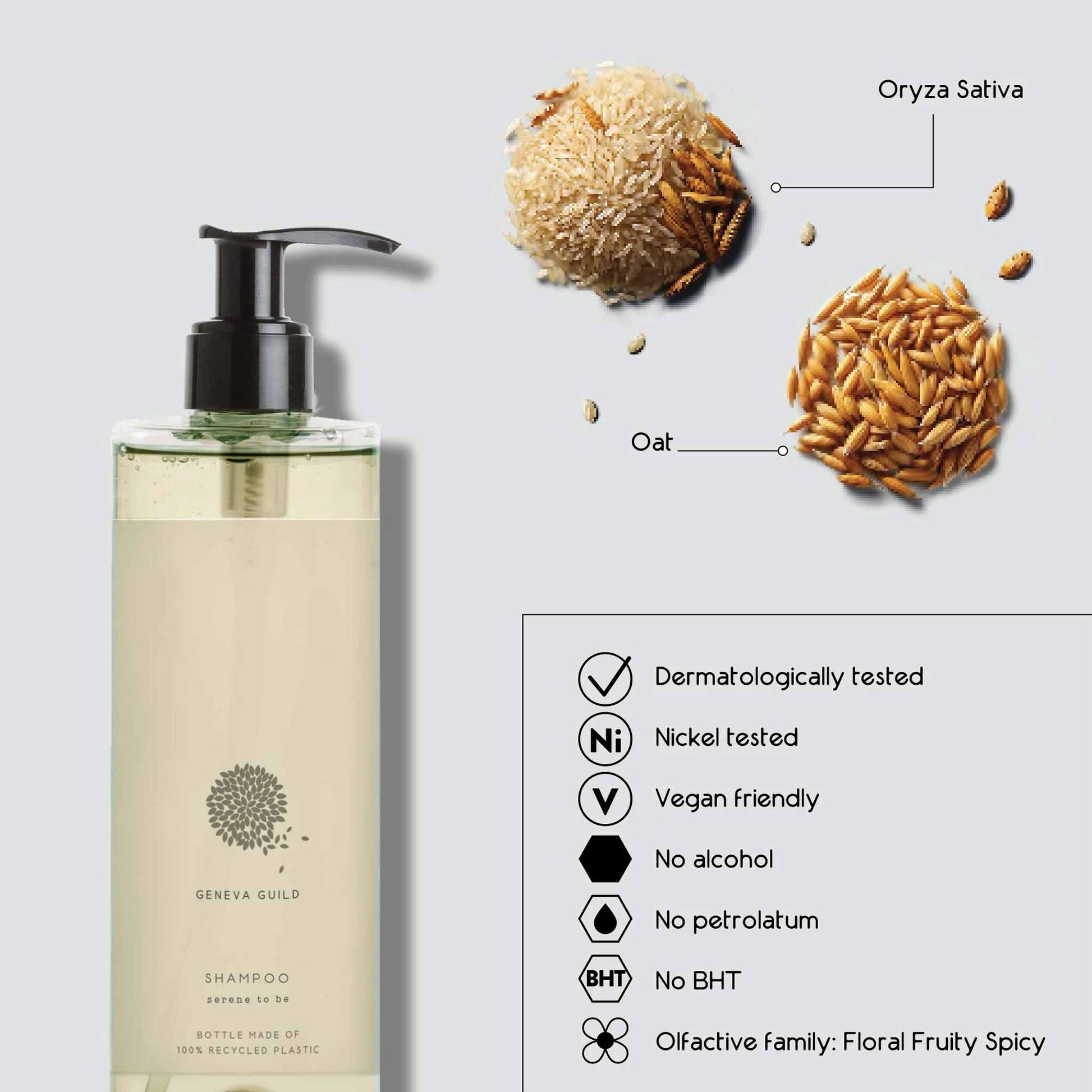 Geneva Guild shampoo 380ml with infographic highlighting natural oat and rice ingredients, dermatological testing, vegan formula, and floral fruity spicy fragrance