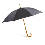 A classic open umbrella with a black canopy and a curved wooden handle, shown against a plain white background.