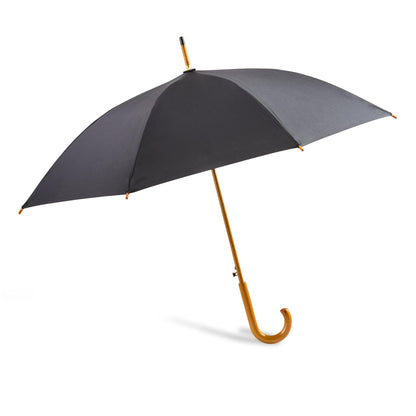 A classic open umbrella with a black canopy and a curved wooden handle, shown against a plain white background.