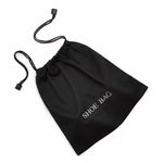 Black cotton drawstring shoe bag with grey 'SHOE BAG' embroidered text