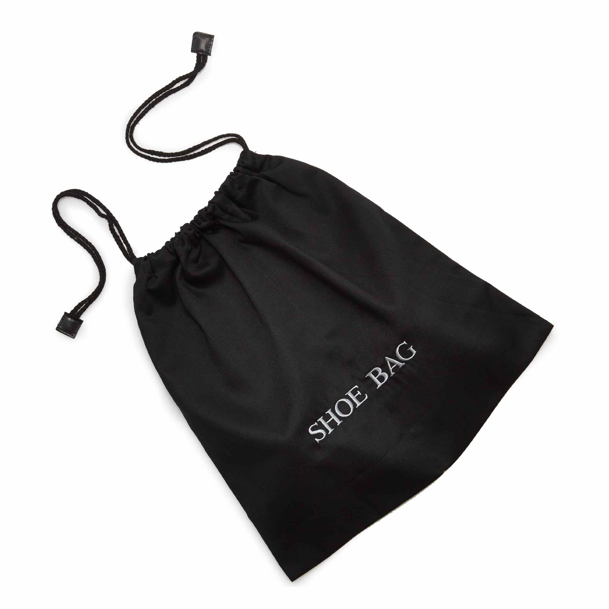 Black cotton drawstring shoe bag with grey 'SHOE BAG' embroidered text