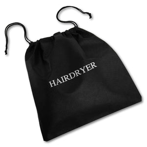 Black non-woven drawstring hairdryer bag with silver 'HAIRDRYER' printed text