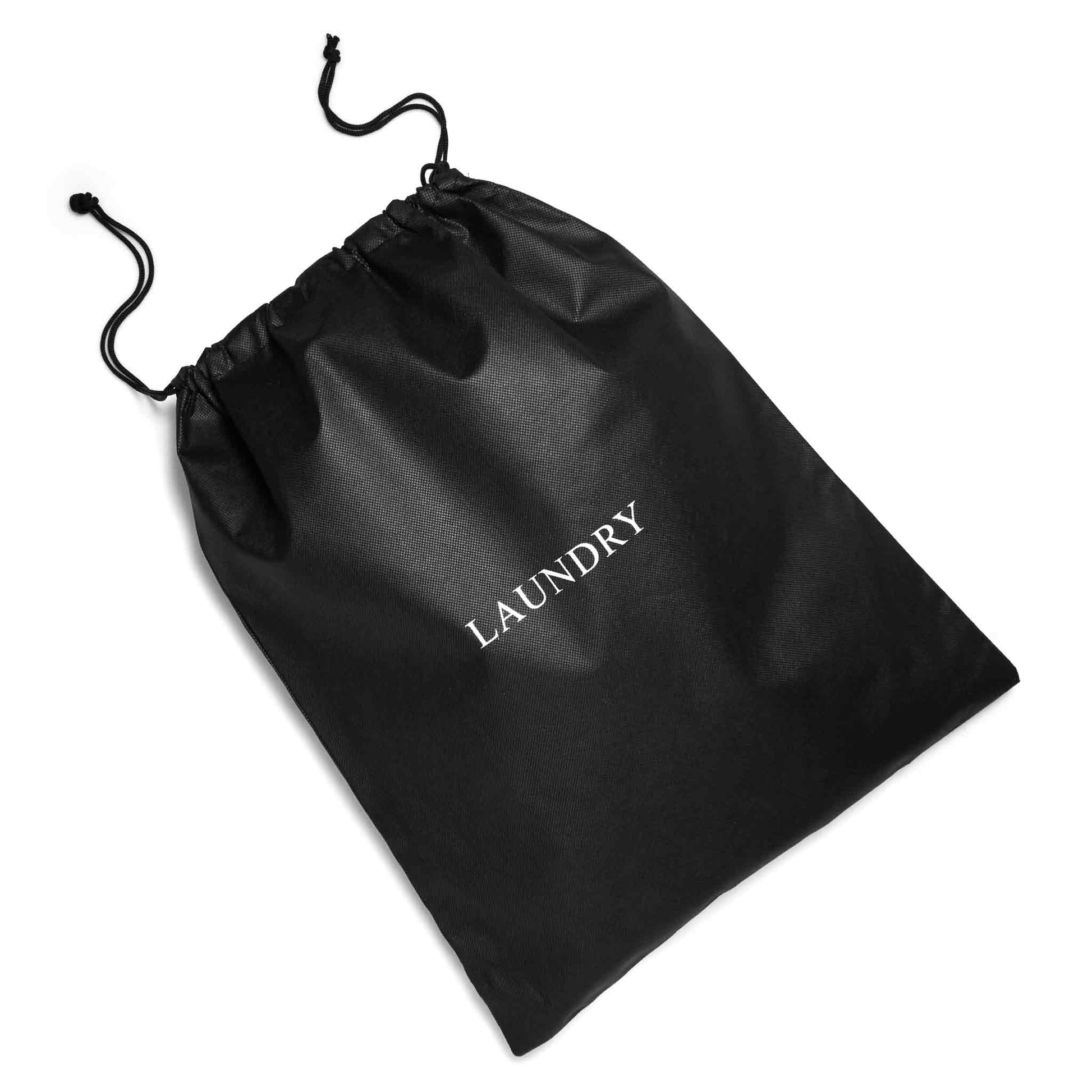 Black non-woven drawstring laundry bag with silver 'LAUNDRY' printed text