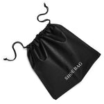 Black non-woven drawstring shoe bag with silver 'SHOE BAG' printed text