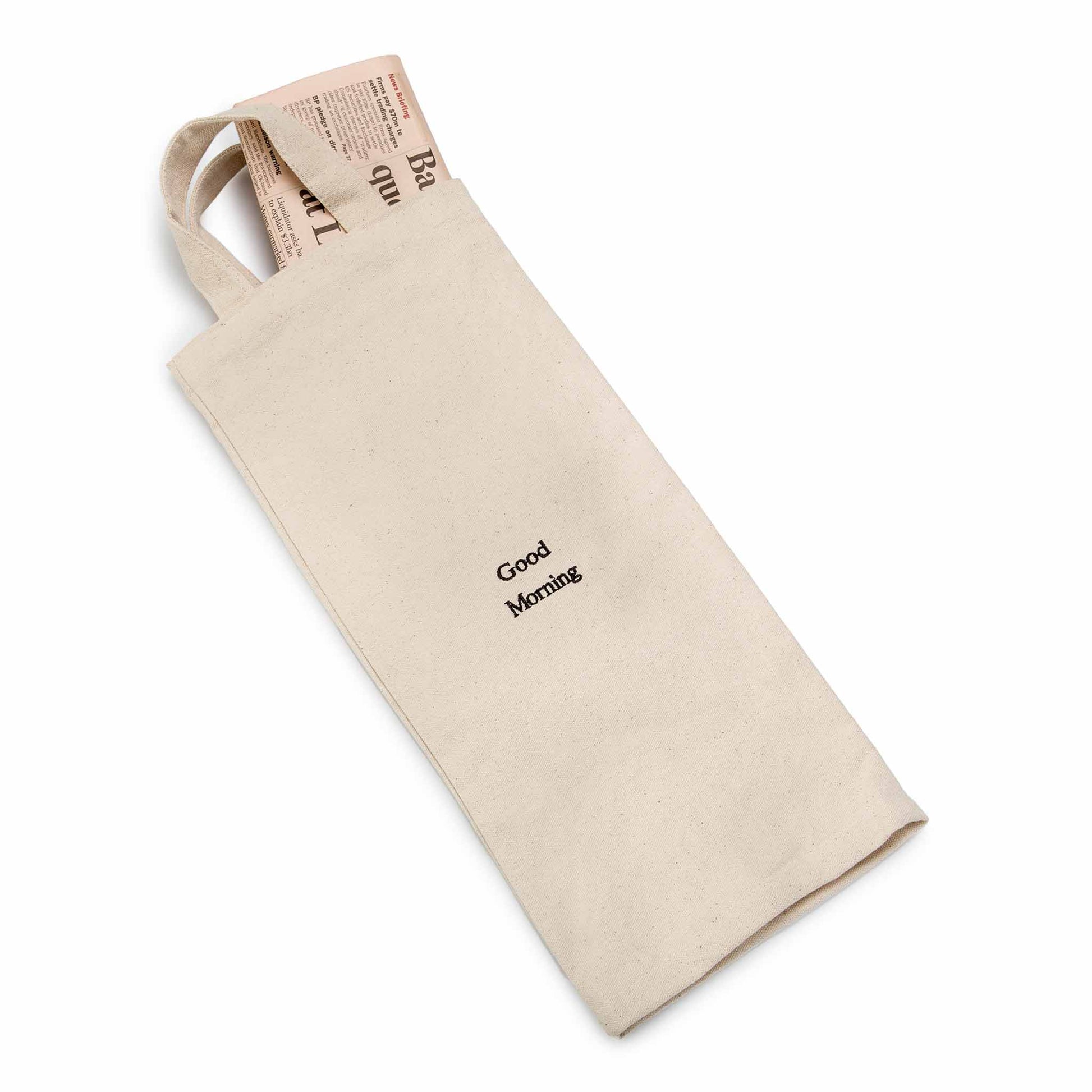 Natural canvas newspaper bag with handles and good morning message