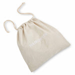Natural linen drawstring hairdryer bag with white 'HAIRDRYER' embroidered text