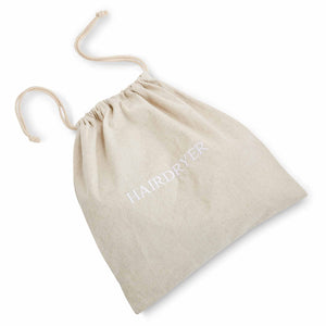 Natural linen drawstring hairdryer bag with white 'HAIRDRYER' embroidered text