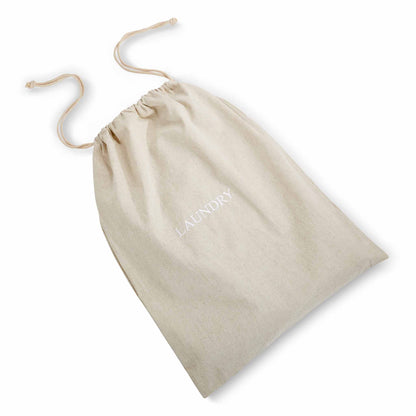 Natural linen drawstring laundry bag with white 'LAUNDRY' embroidered text