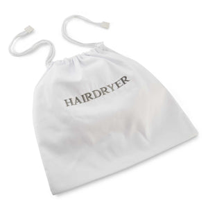 White cotton drawstring hairdryer bag with grey 'HAIRDRYER' embroidered text