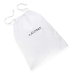 White cotton drawstring laundry bag with grey 'LAUNDRY' embroidered text