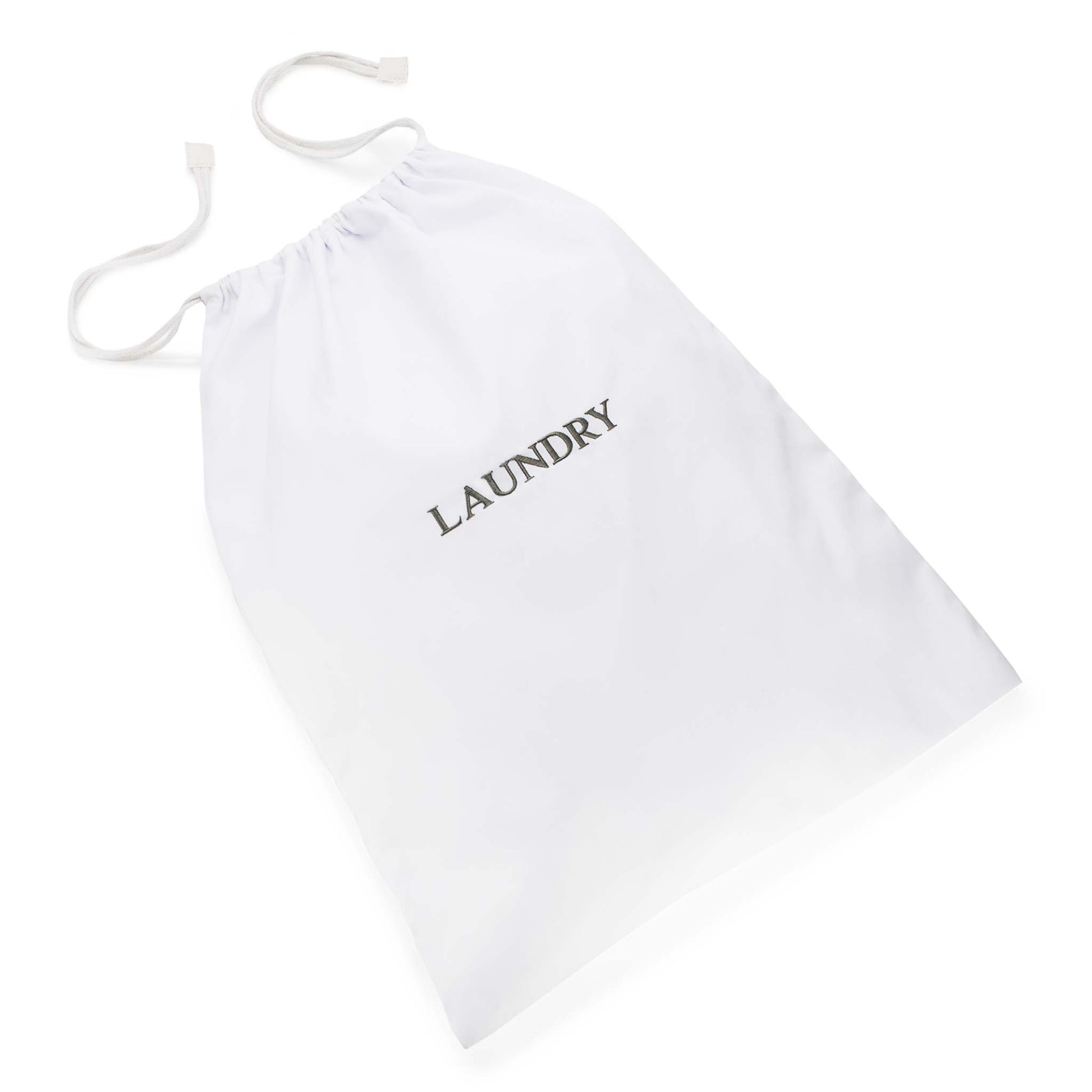 White cotton drawstring laundry bag with grey 'LAUNDRY' embroidered text