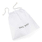 White cotton drawstring shoe bag with silver 'SHOE BAG' embroidered text