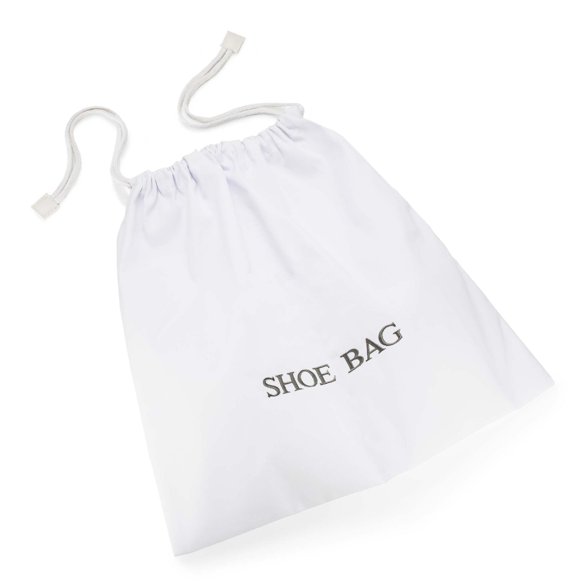 White cotton drawstring shoe bag with silver 'SHOE BAG' embroidered text