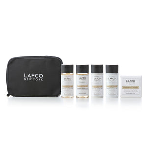 Lafco New York amenities pouch with miniature 40ml bottles of toiletries