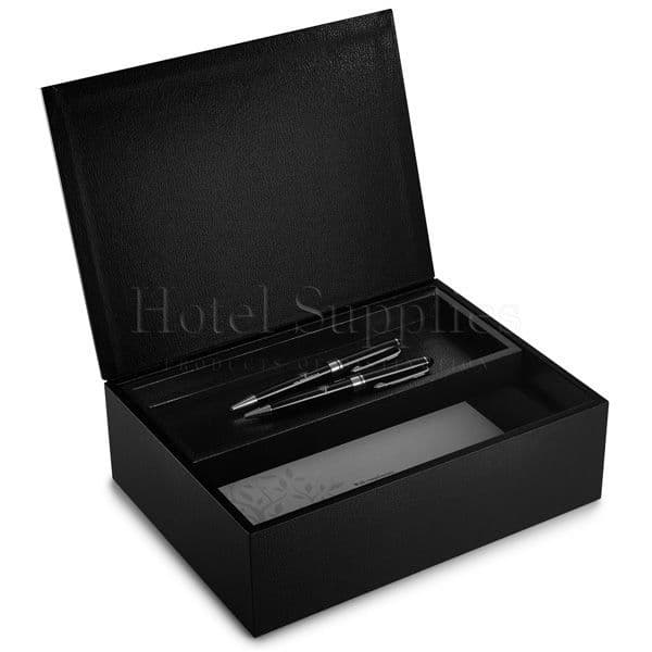 Large leather stationery box in black for hotels